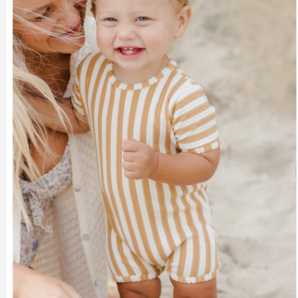 Rylee + Cru Shorty One-Piece + Matching Hat || Marigold Stripe